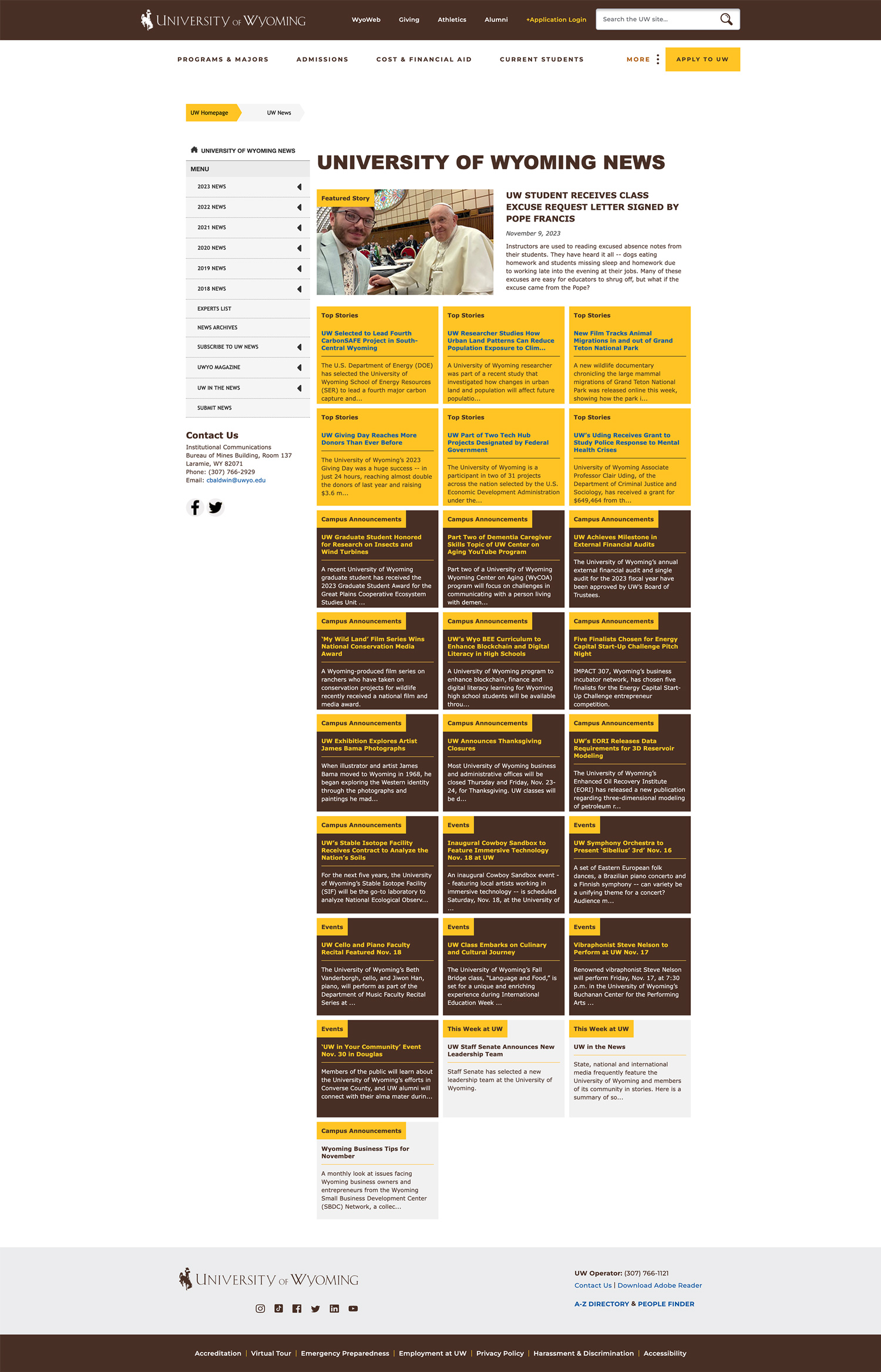 Screenprint of a sample news homepage on the UW website