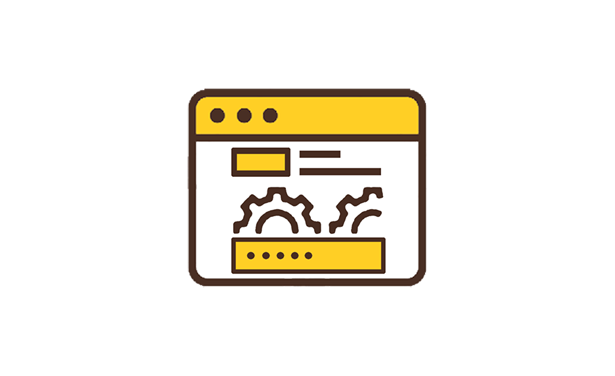 a brown and gold icon of a web page with boxes, lines and gears on it