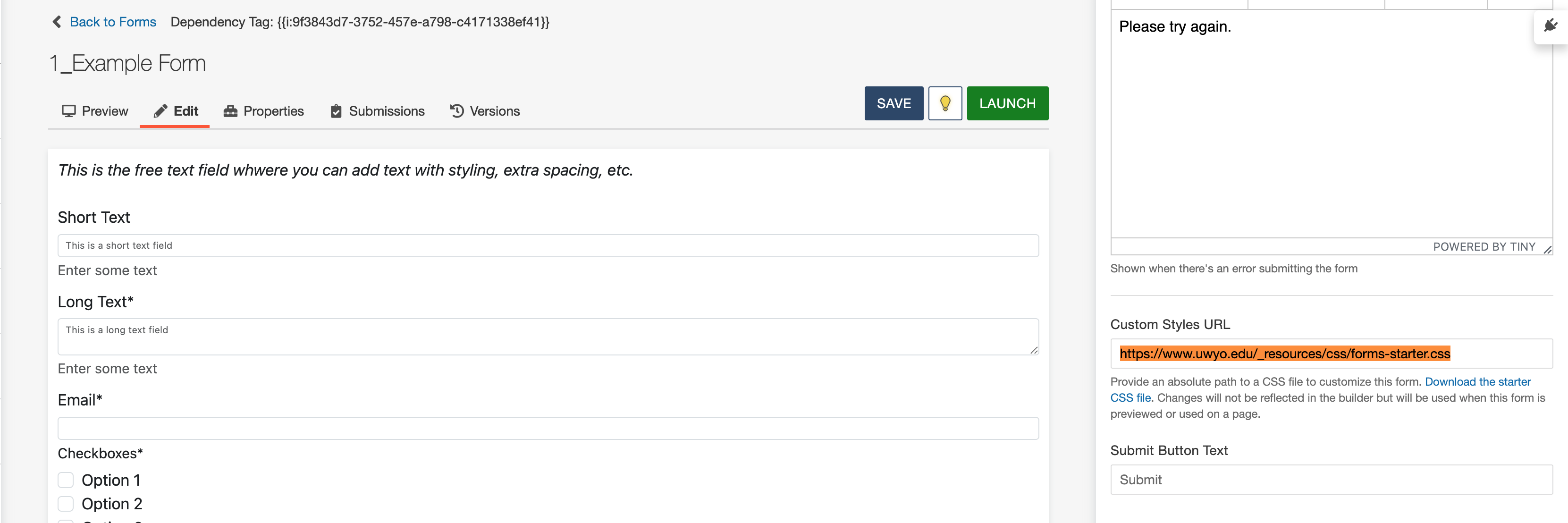 Modern Campus CMS interface showing form editing options and settings.