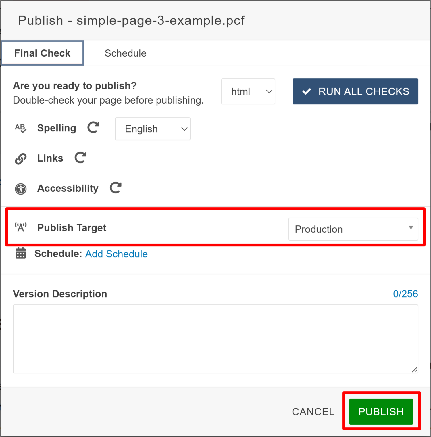 Screenshot highlighting the publish target to production