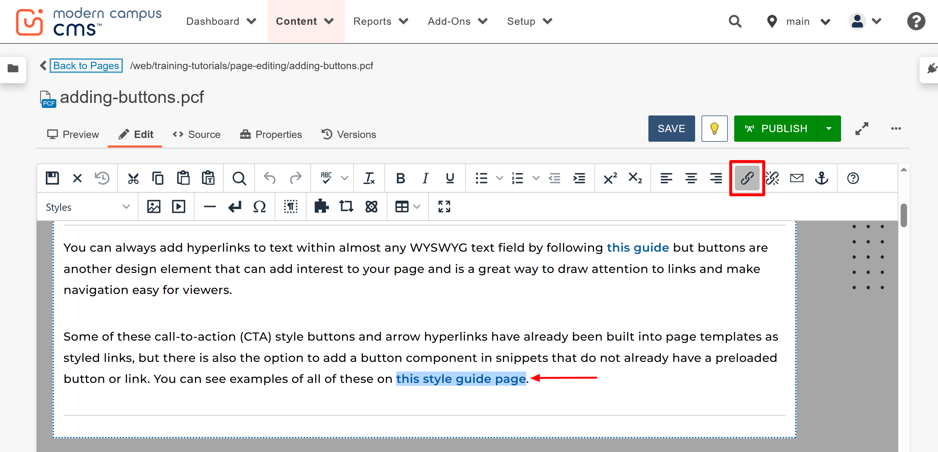 Highlight text and use the insert/edit link button
