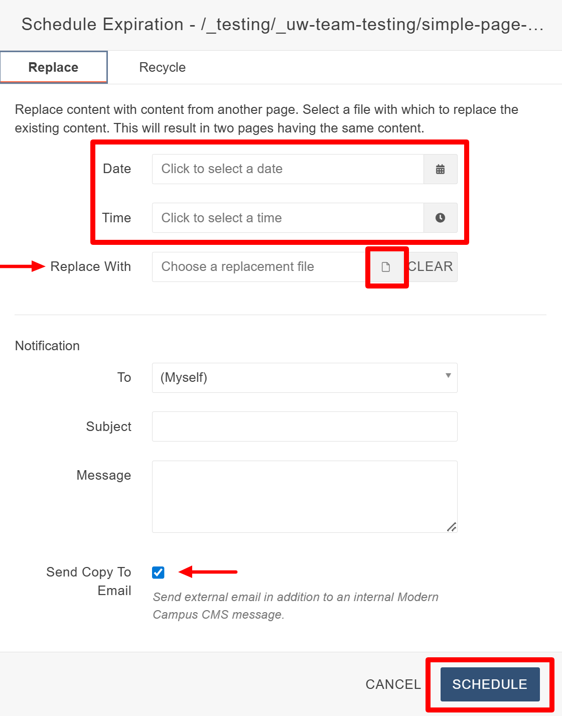 Schedule expiration settings Screenshot of the Replace Contents Box of the Page Expiration dialogue box