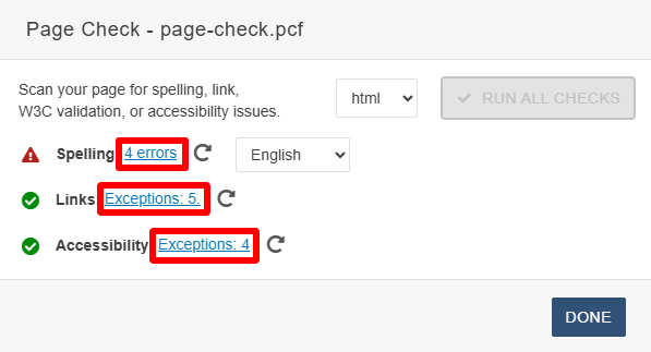 A screenshot of the links to errors inside a Page Check