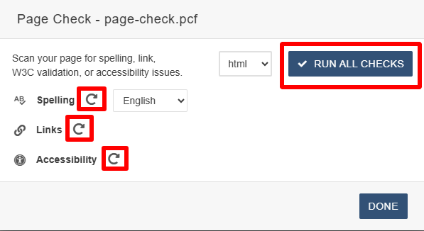 Screenshot of link, spellcheck, and accessibility page check function inside Modern Campus CMS