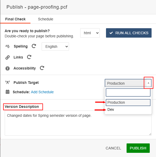 publishing options window
