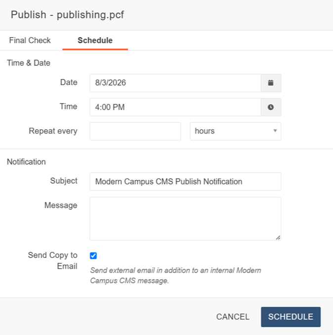 scheduled publishing example menu
