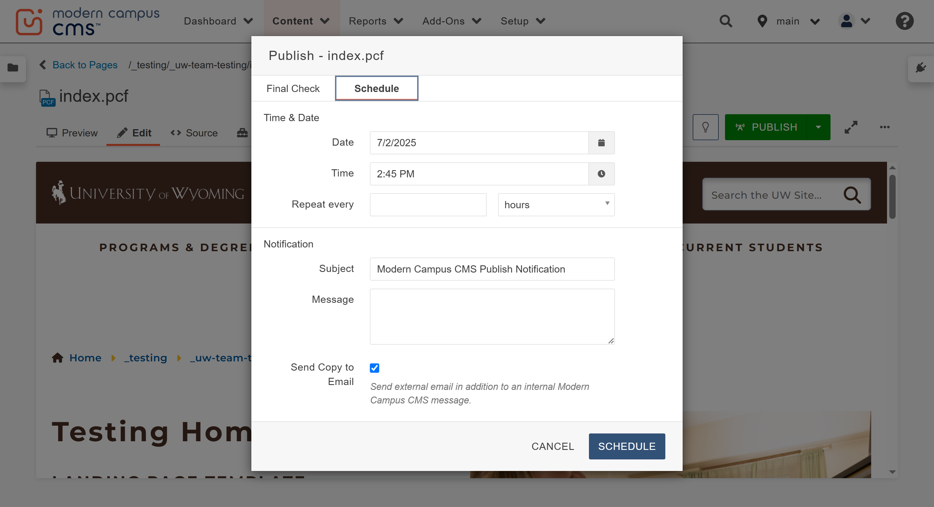 schedule publish step 2 screenshot