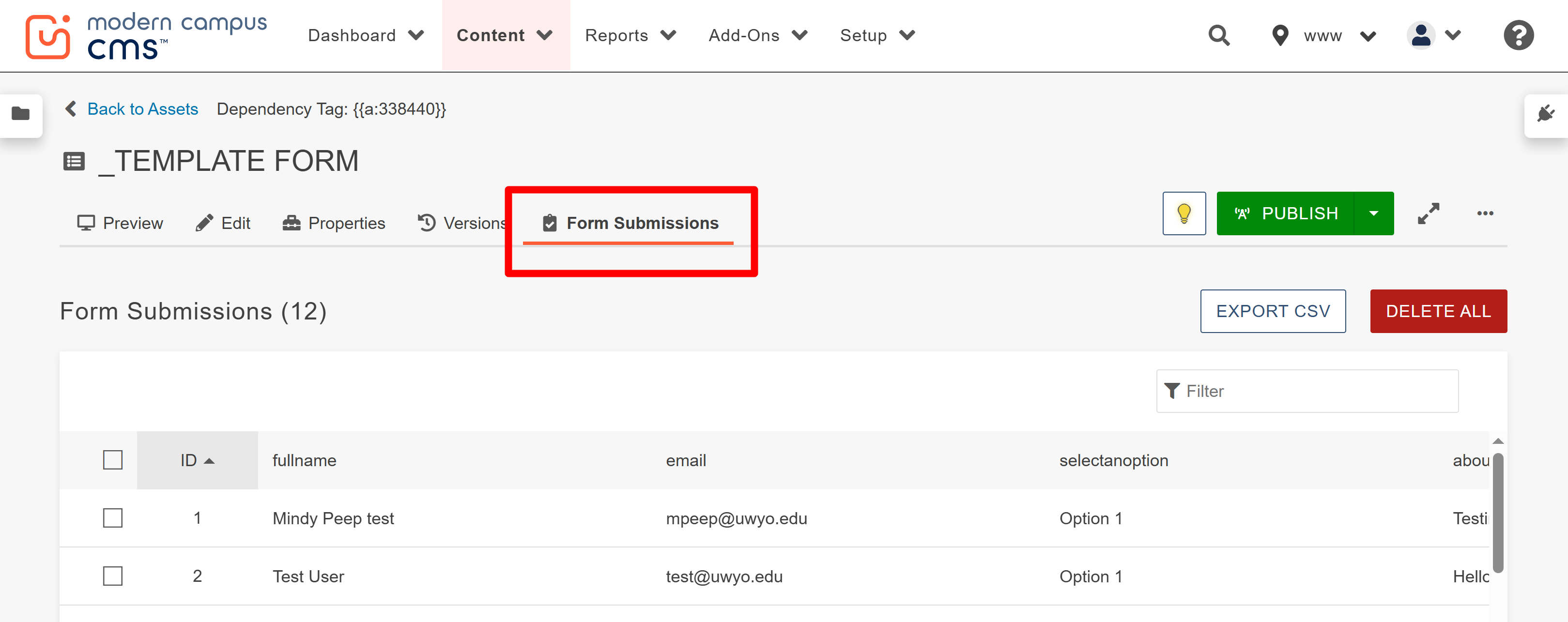 A screenshot of how to retrieve Modern Campus CMS form submissions