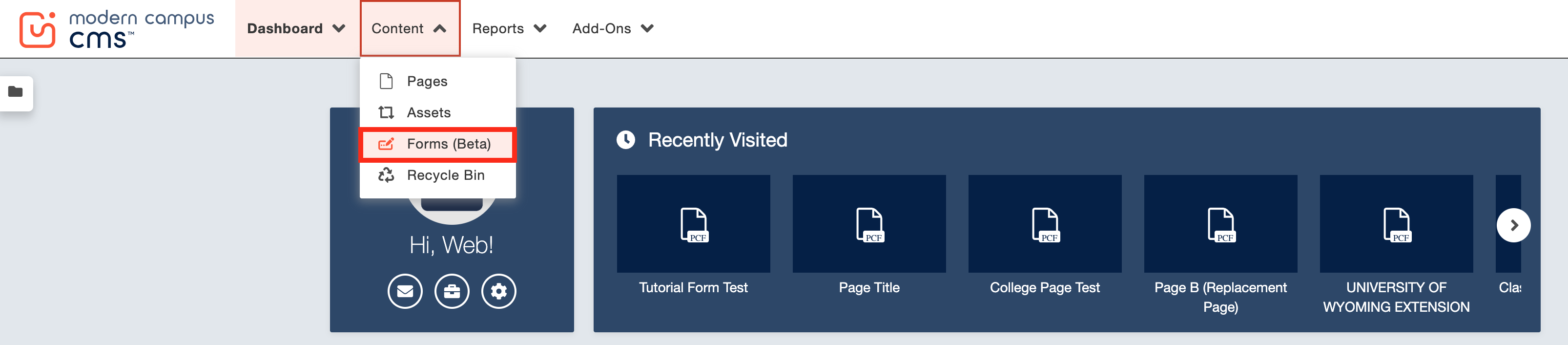 Screenshot of modern campus CMS interface showing navigation and recently visited page section.
