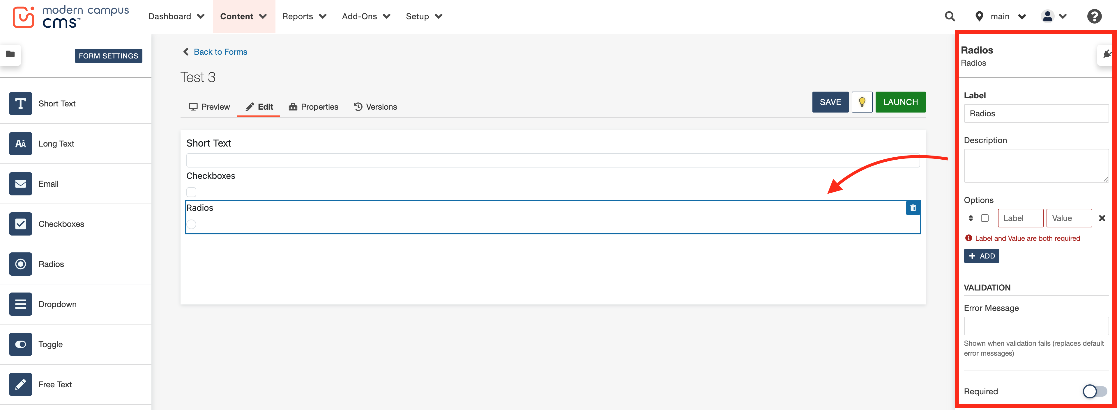 Web-based form creation interface with form elements menu and settings panel.