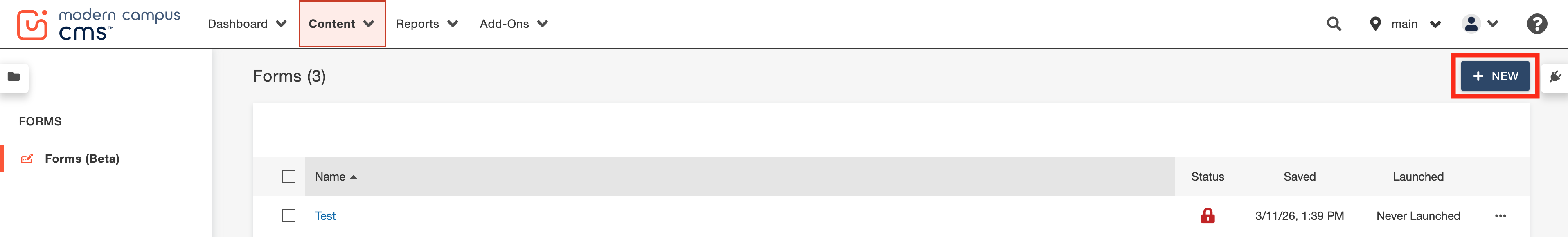 Screenshot of a CMS interface with a list of forms and a "+ NEW" button.