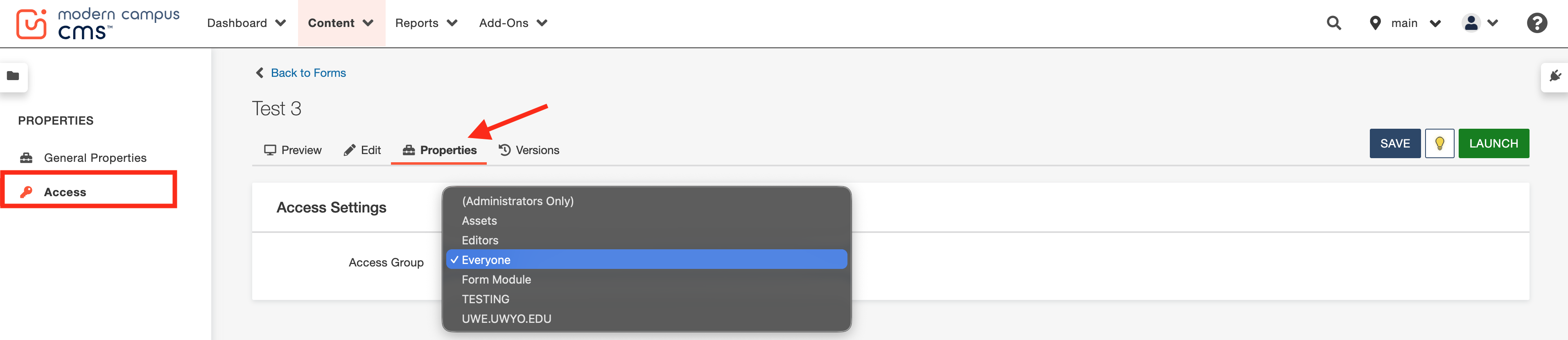Screenshot of Modern Campus CMS showing access settings for a form titled "Test 3."