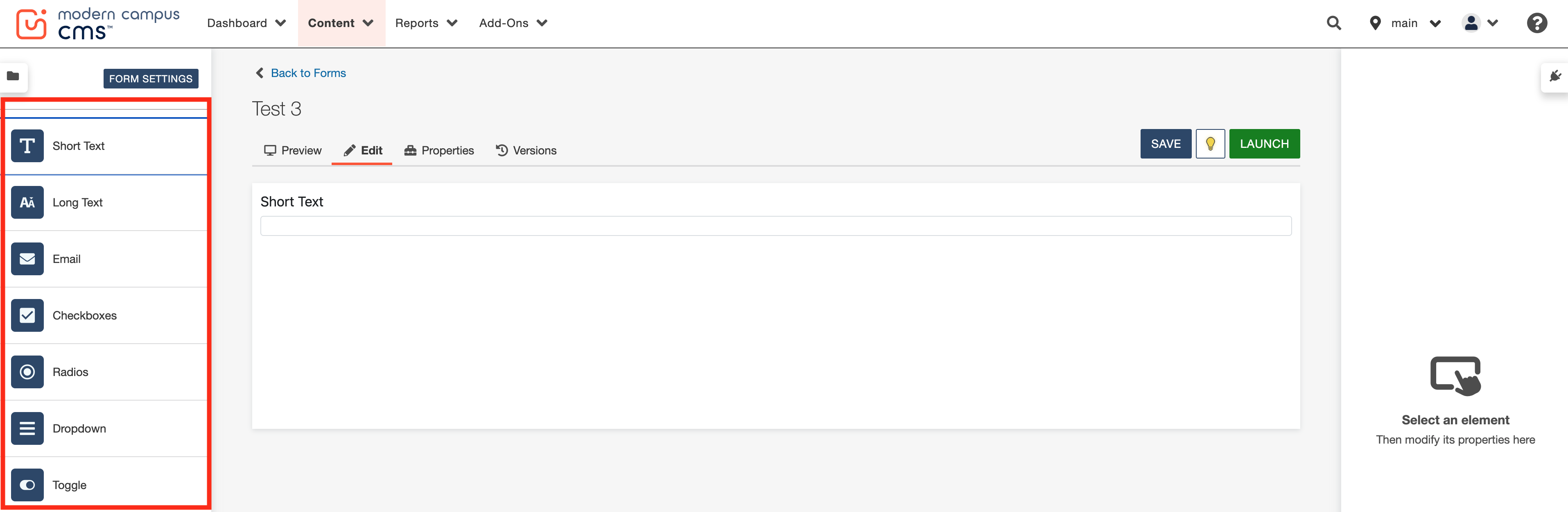 CMS interface with form elements toolbar and workspace for editing "Test 3" form.