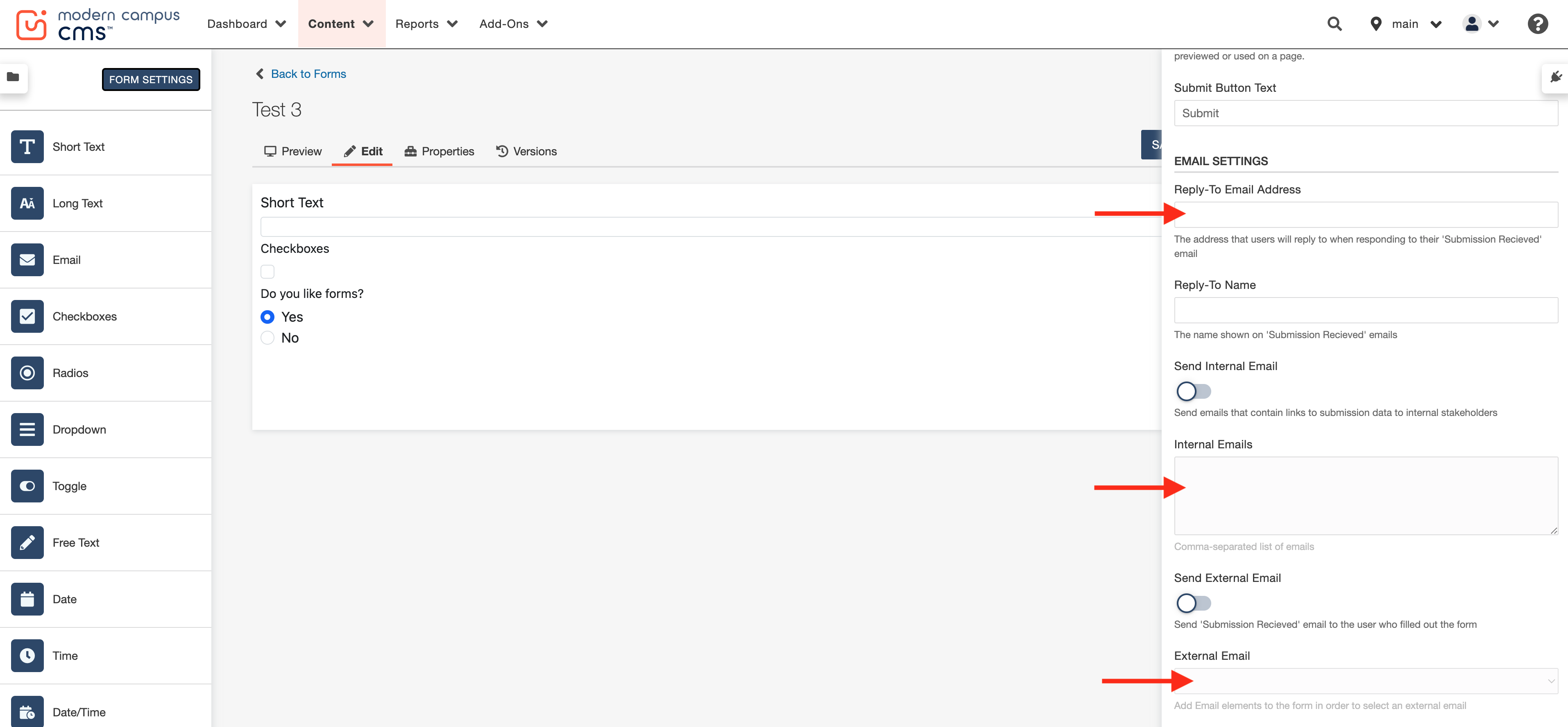 Screenshot of a form editor in Modern Campus CMS with form elements and email settings.