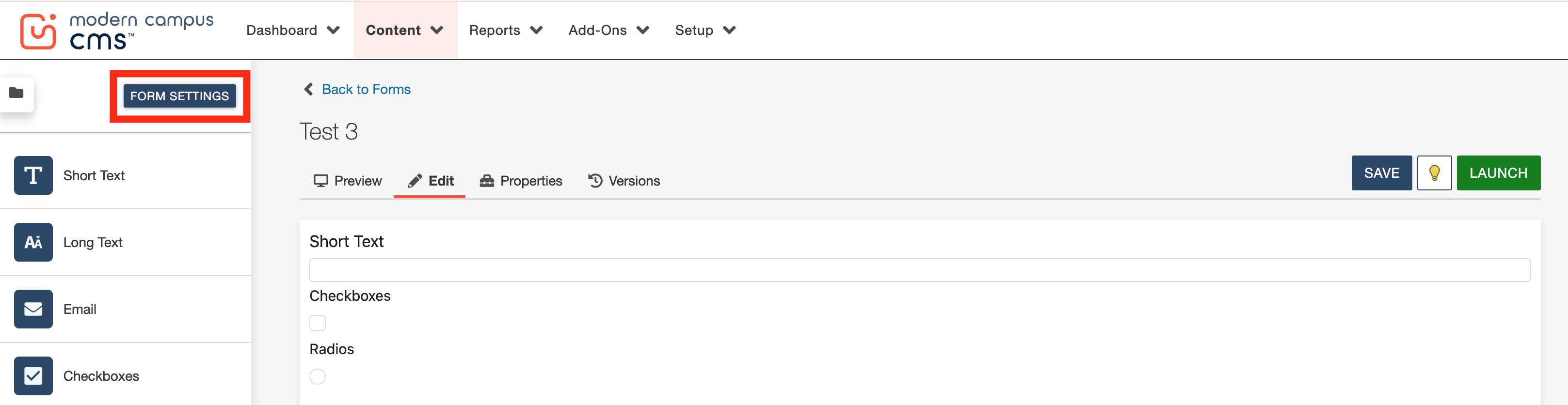 Modern Campus CMS interface showing form editing options and settings.