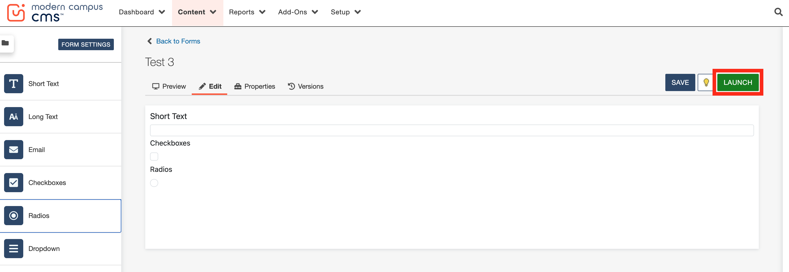 User interface for a form creation tool in a CMS, showing form elements and the Launch button circled.