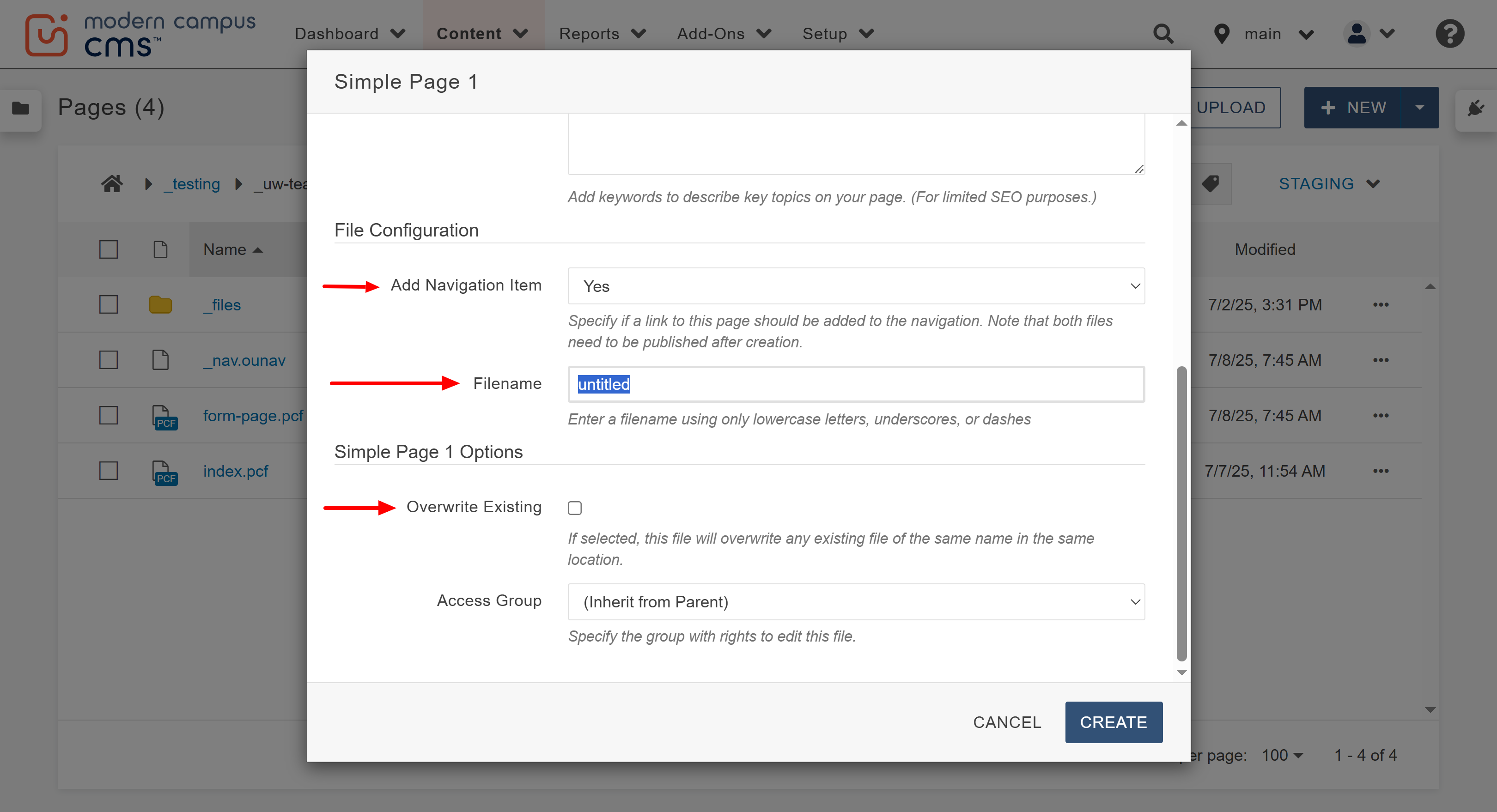 Step 3 of creating a new page, the file configuration section