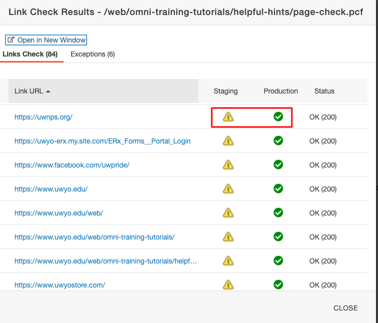 Screenshot of link checks on Modern Campus CMS staging and the live production server