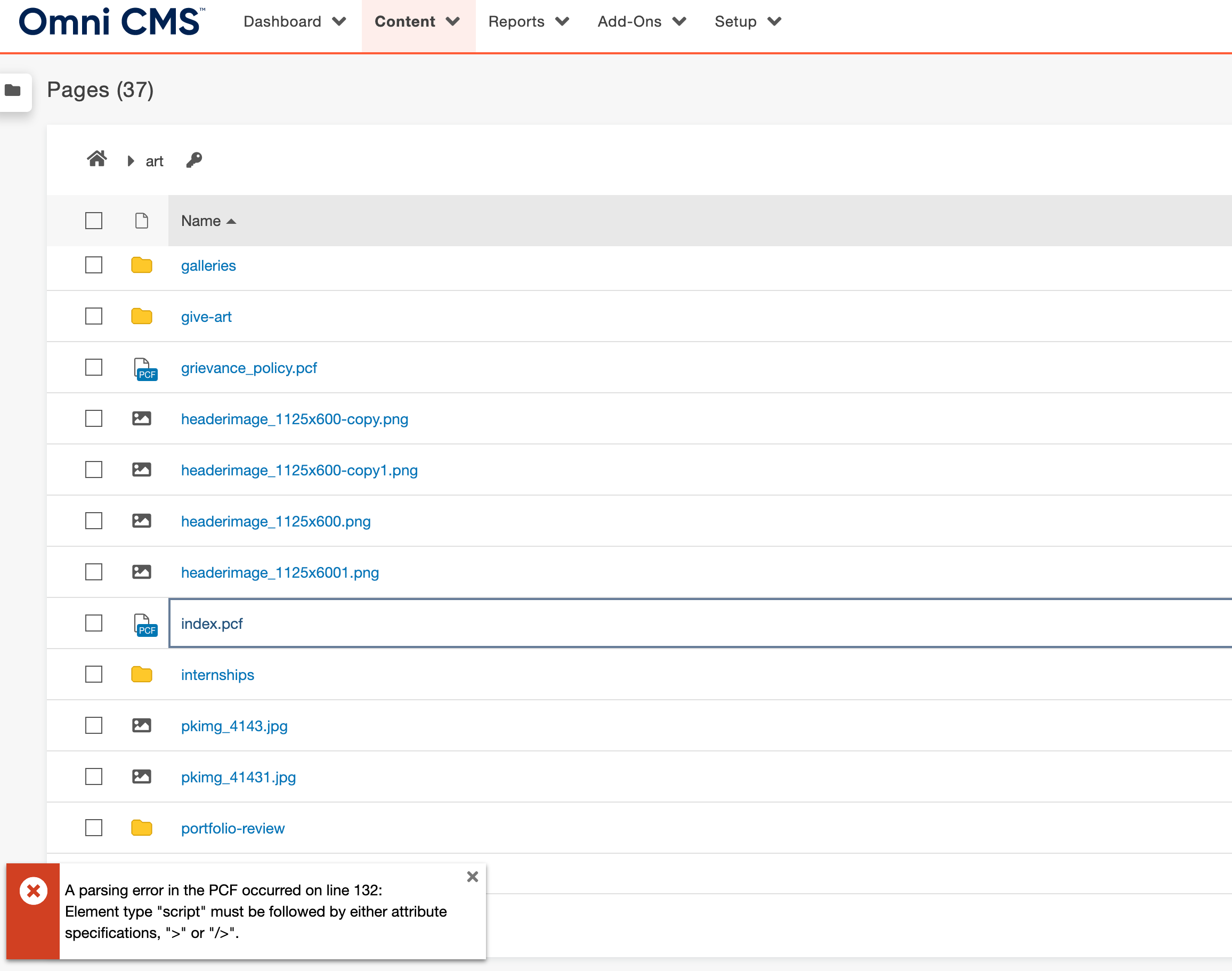 A screenshot of a parsing error message in the CMS.
