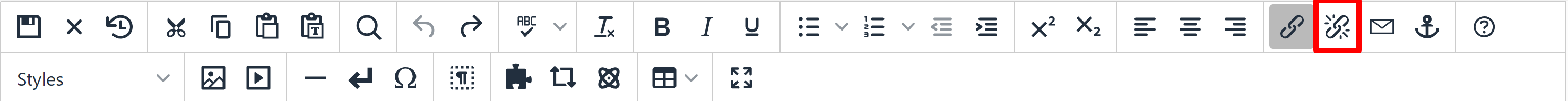 Broken link icon in the WYSIWYG toolbar to remove link