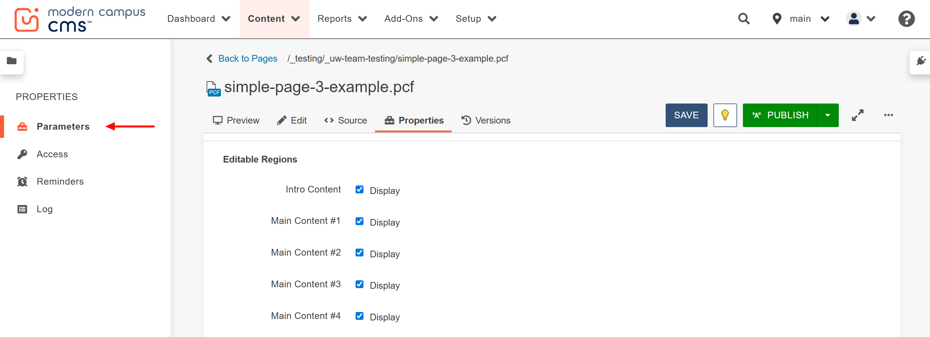 Screenshot of the page Properties and Paremeters