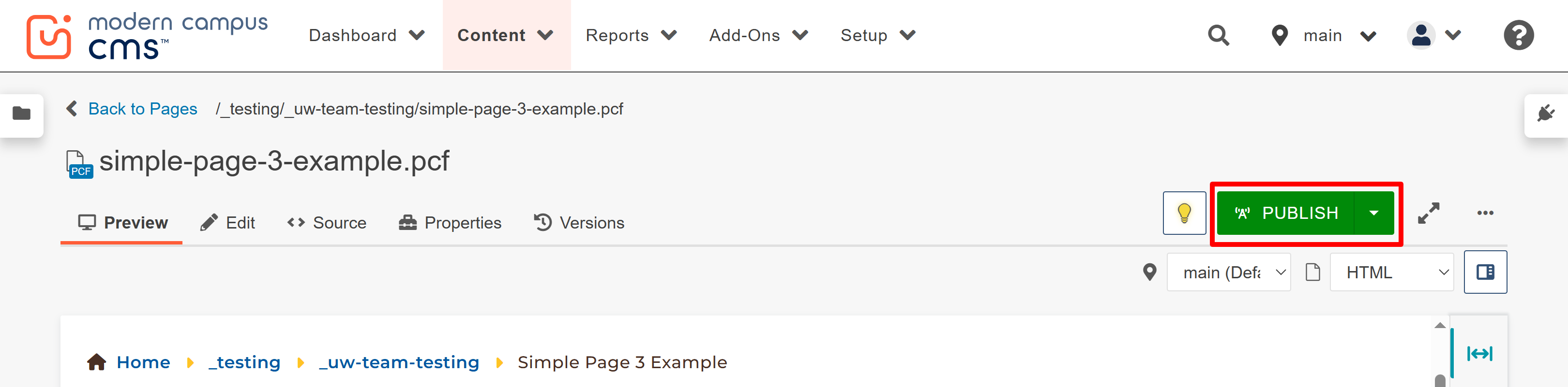 Screenshot highlighting the page publish button