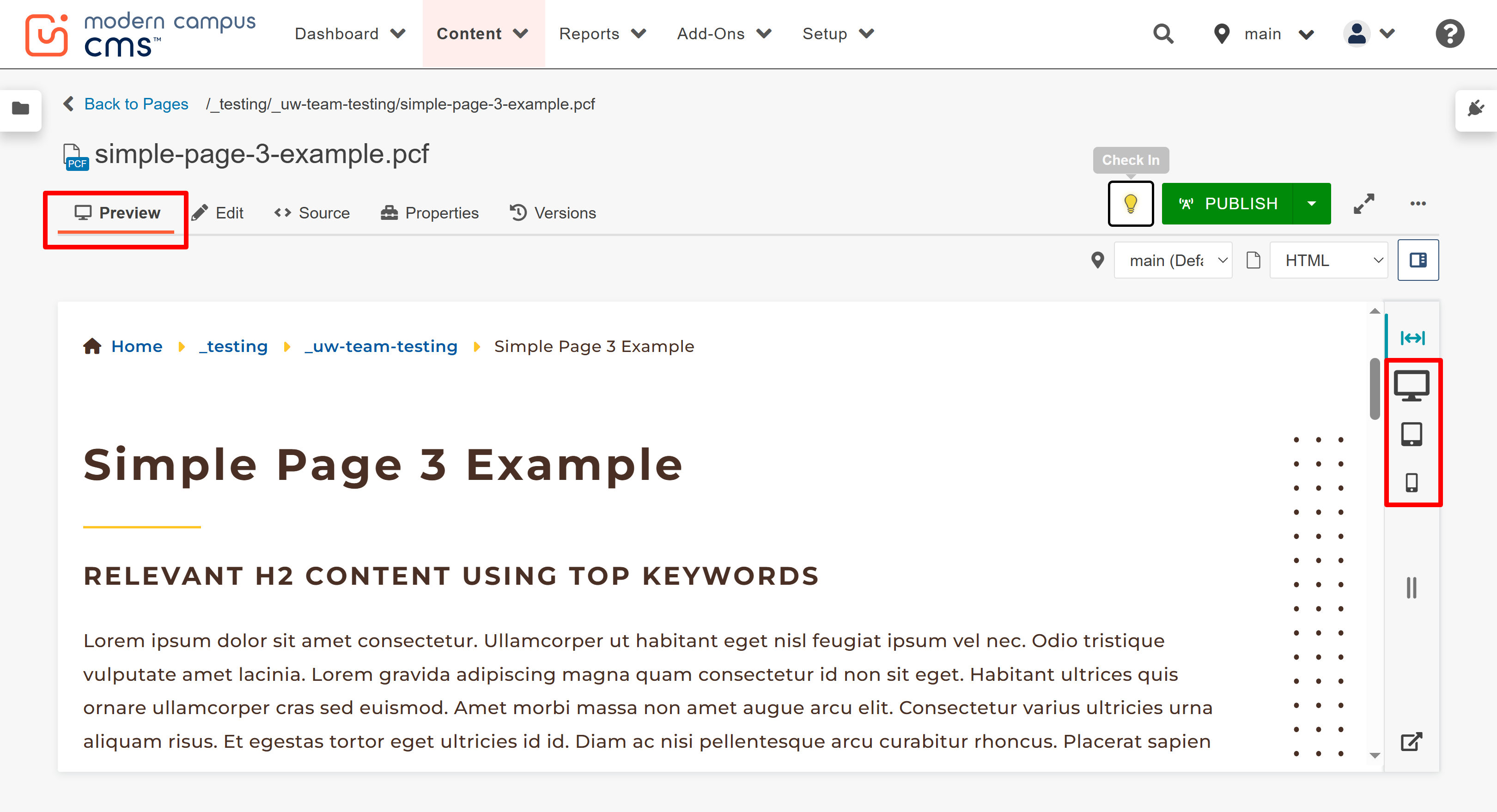 screenshot of the page Preview tab.