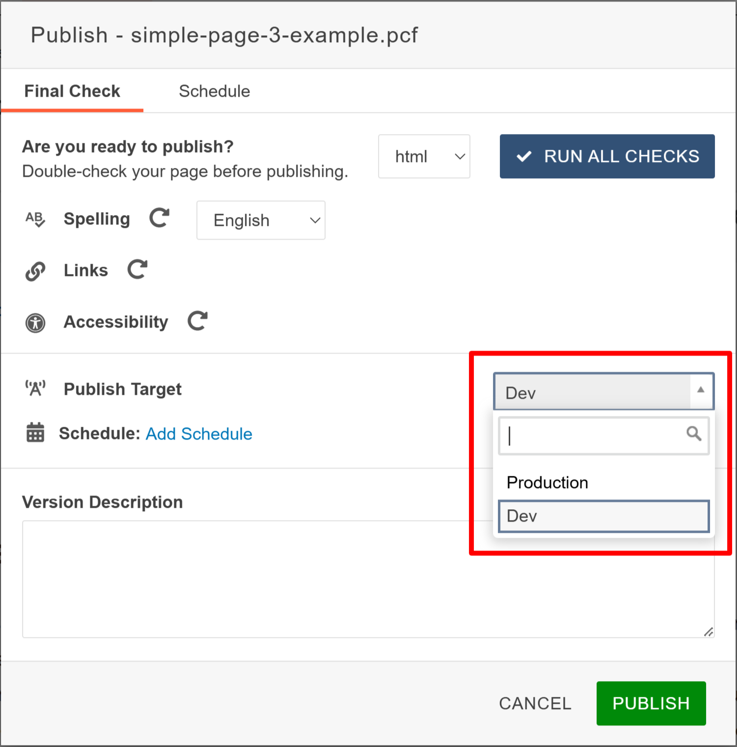 Screenshot highlighting the publish target to dev