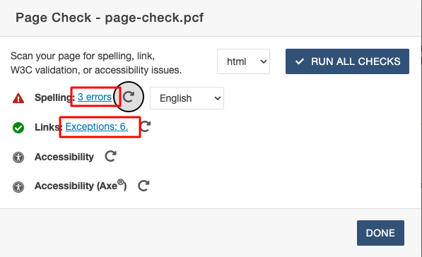 A screenshot of the link and spelling errors inside a Page Check