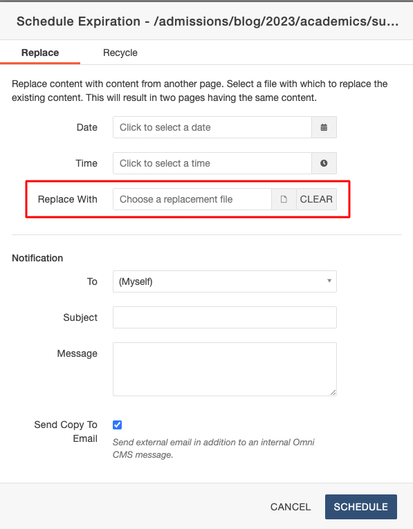 Screenshot of the Replace Contents Box of the Page Expiration dialogue box in Omni