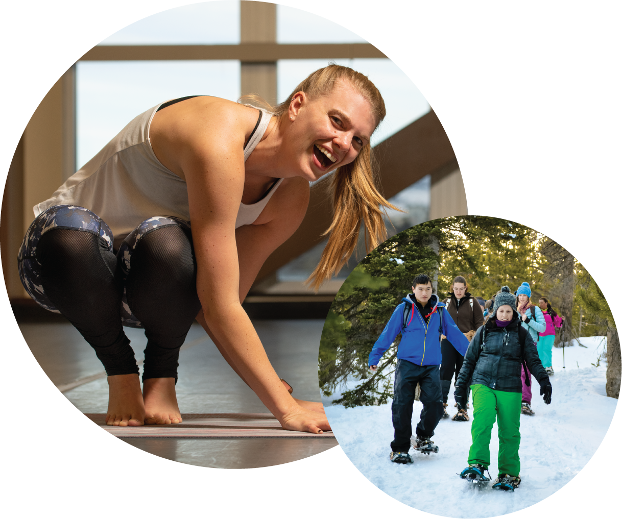 Student doing yoga and group snowshoeing