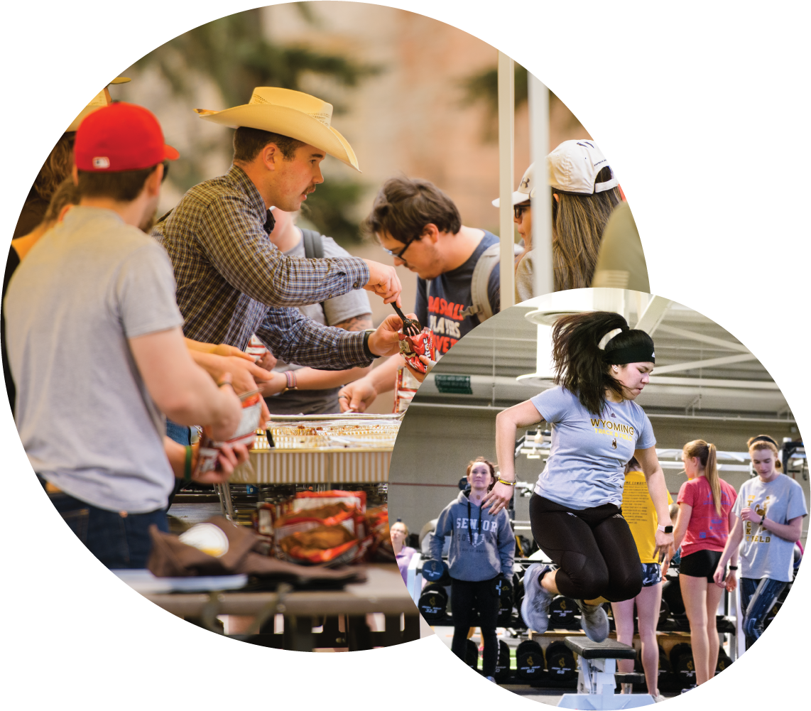 People serving food and woman working out