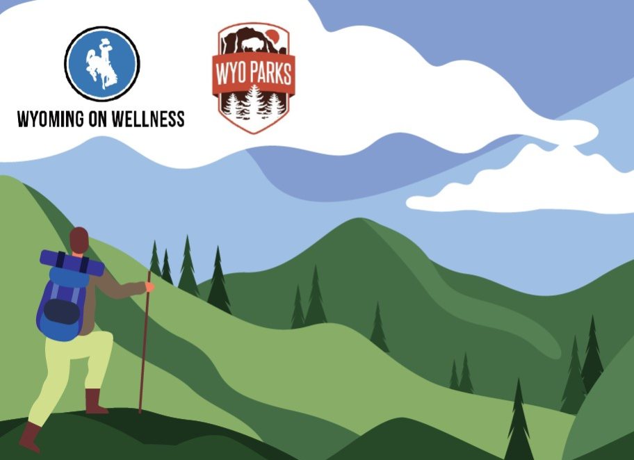 Wyoming on Wellness and Wyo Parks logos on illustration of person hiking