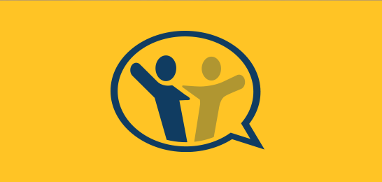 Icon of two people with arms around each other inside talking bubble