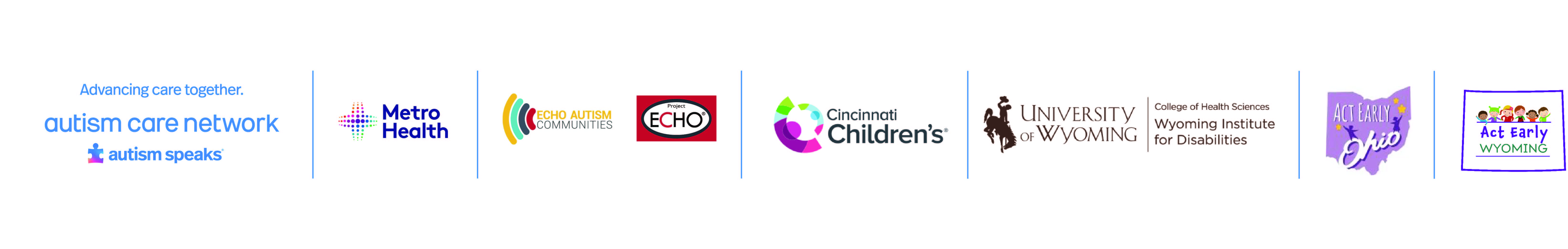 Logos for Autism Care Network, MetroHealth, ECHO Autism Communities, Cincinnati Chidren's Hospital Medical Center, Wyoming Institute for Disabilities, Act Early Ohio, Act Early Wyoming