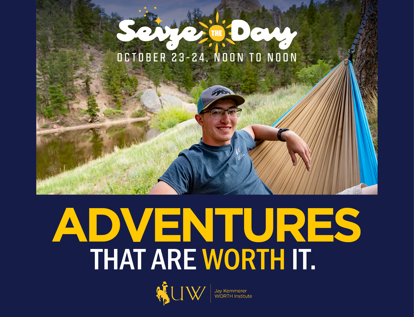 Student sitting in hammock with Seize the Day logo and Adventures that are WORTH it with WORTH logo