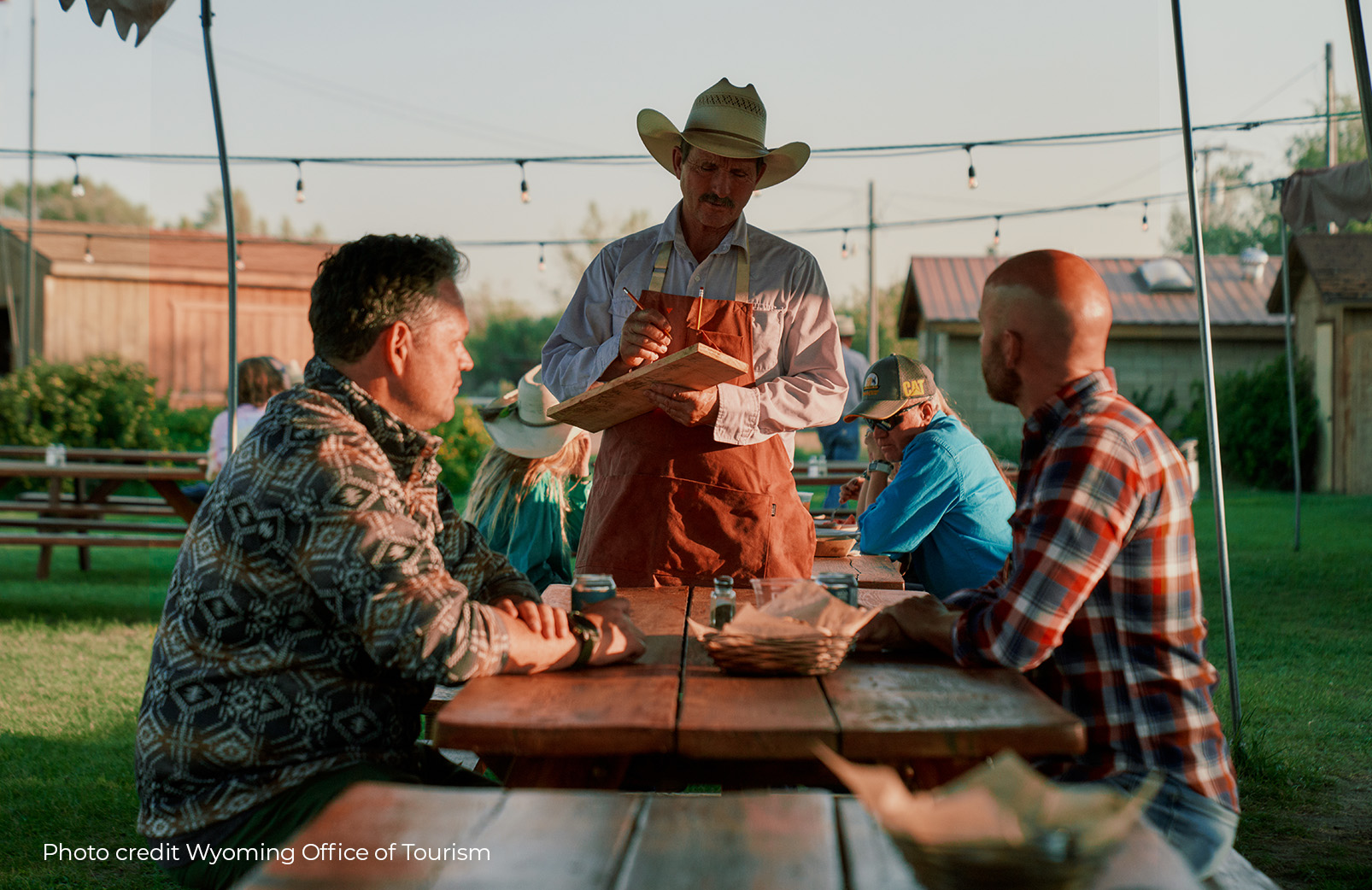 Waiter serving two men at a picnic table