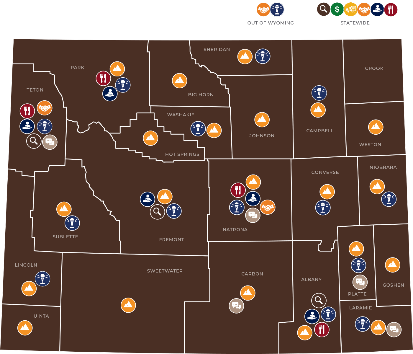 Icons on a map of Wyoming showing statewide engagement for WORTH