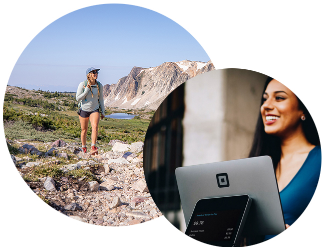 Woman at credit card reader and woman hiking