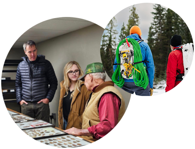 Dan and Hailey talking with man and looking at arrowheads; two climbers in the snow