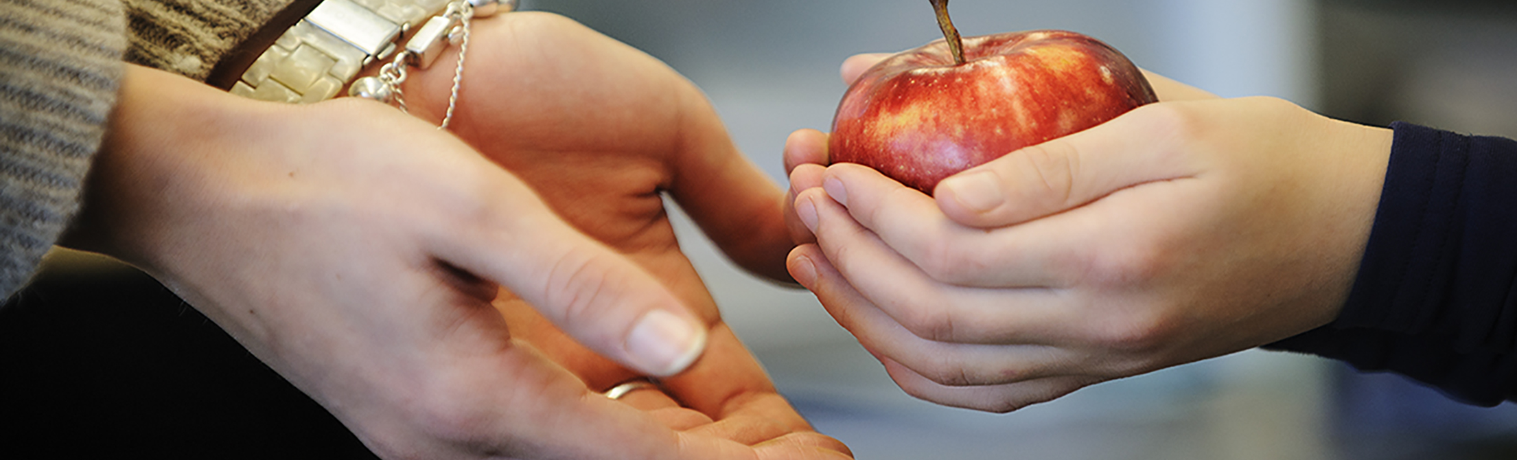 Teacher receiving apple from child as a gift.