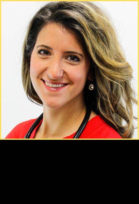 Dr. Emma Bjore, wearing red scrubs and a stethoscope.