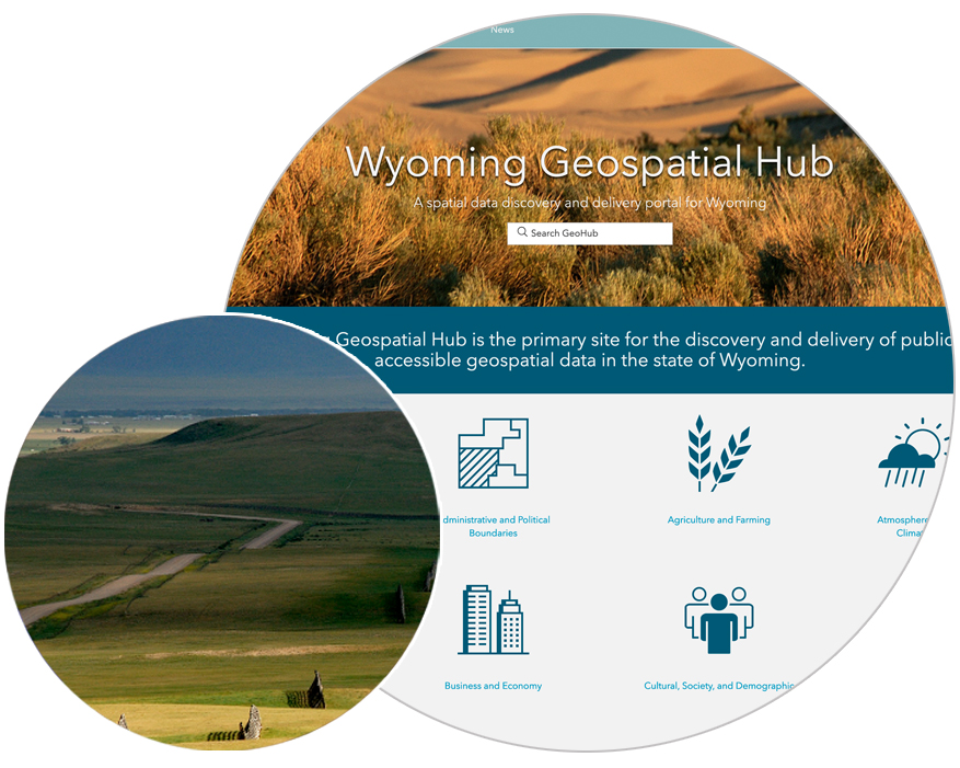 Geospatial hub screenshot with picture of rolling hills and road in countryside