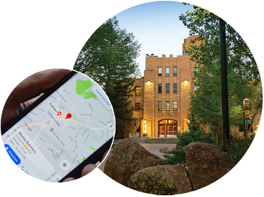 A mapping app open on a phone and a university building.