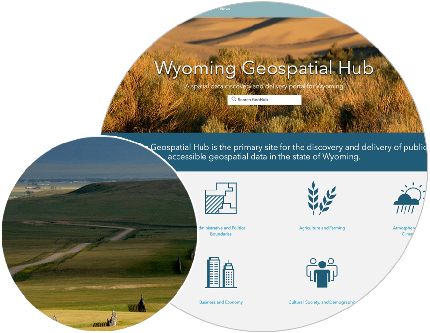 Wyoming Geospatial Hub home page with a landscape photo over it.