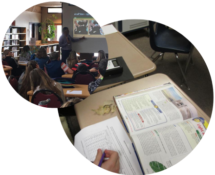 A teacher presenting at the front of a classroom, and a close-up of a textbook.