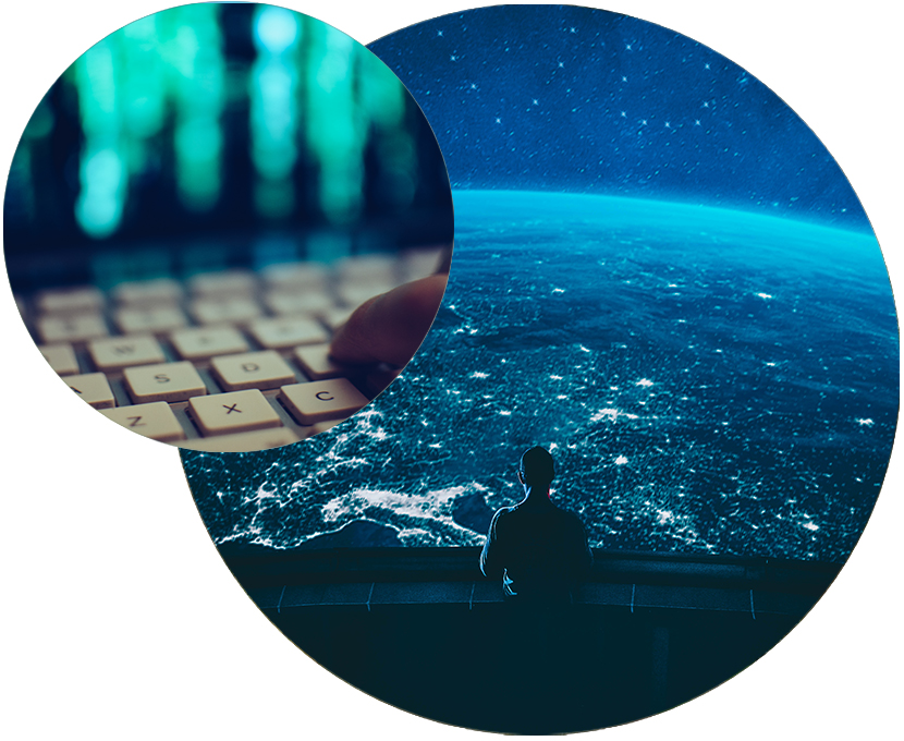 A close-up of a keyboard and a view of earth at night from space.