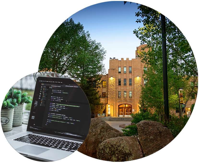 A computer with code, and a building.