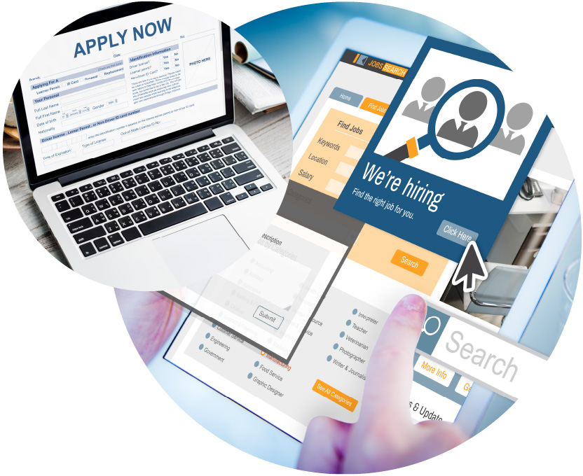A laptop and a tablet with job search related graphics.