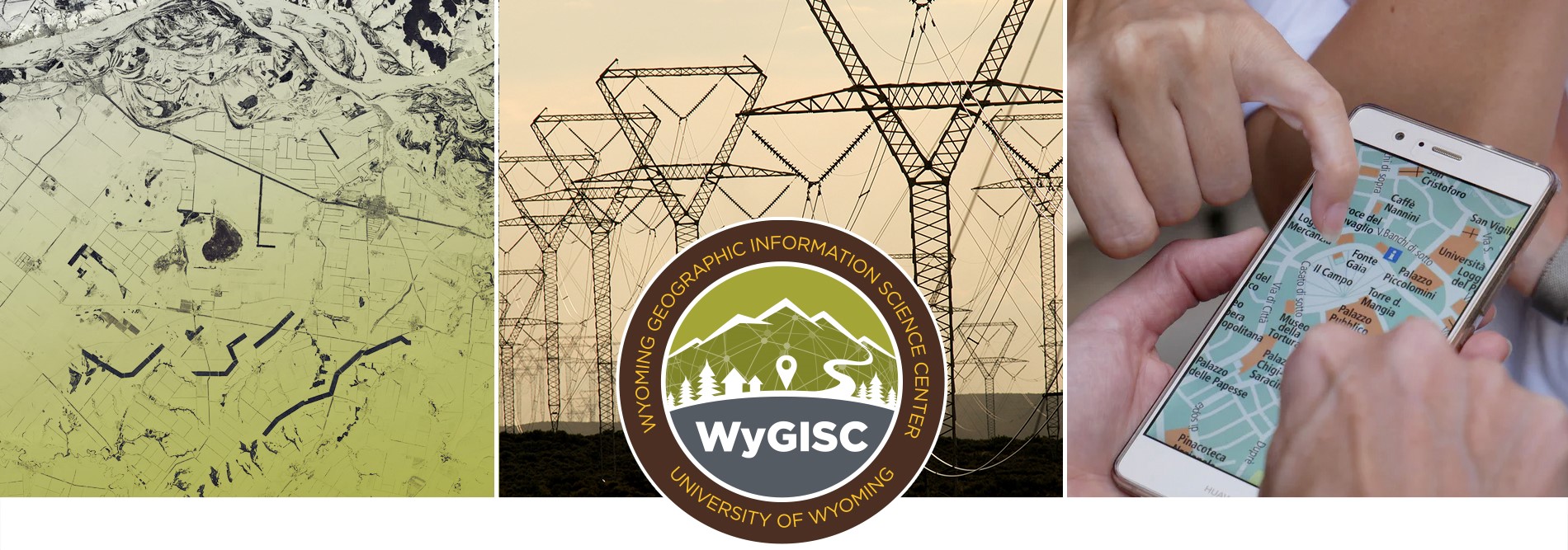WyGISC lheader image over maps, and electric towers